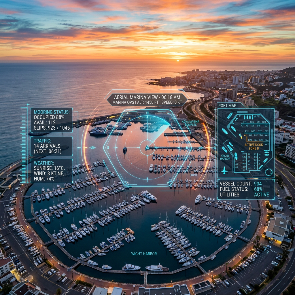Aerial marina view with smart dashboard overlay showing mooring status, traffic, weather, port map, and vessel details at sunrise.