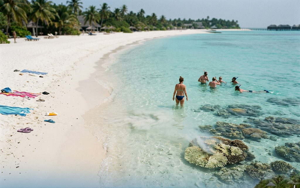 Snorkelers in clear ocean water near a sandy beach with towels and flip-flops on shore